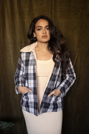 Grey Plaid Jacket With Recycled Boucle Lining - Designed in Canada